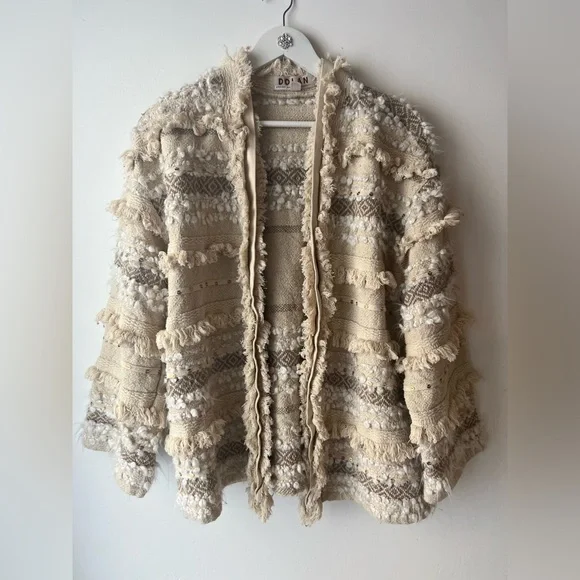 Anthropologie Dolan Cream Textured metallic fringed Jacket, sz L, - Picture 10 of 12